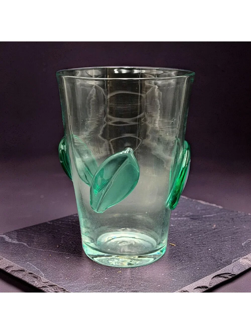 Vintage Blenko 366 Clear Glass Vase Applied Green Leaves 7.5